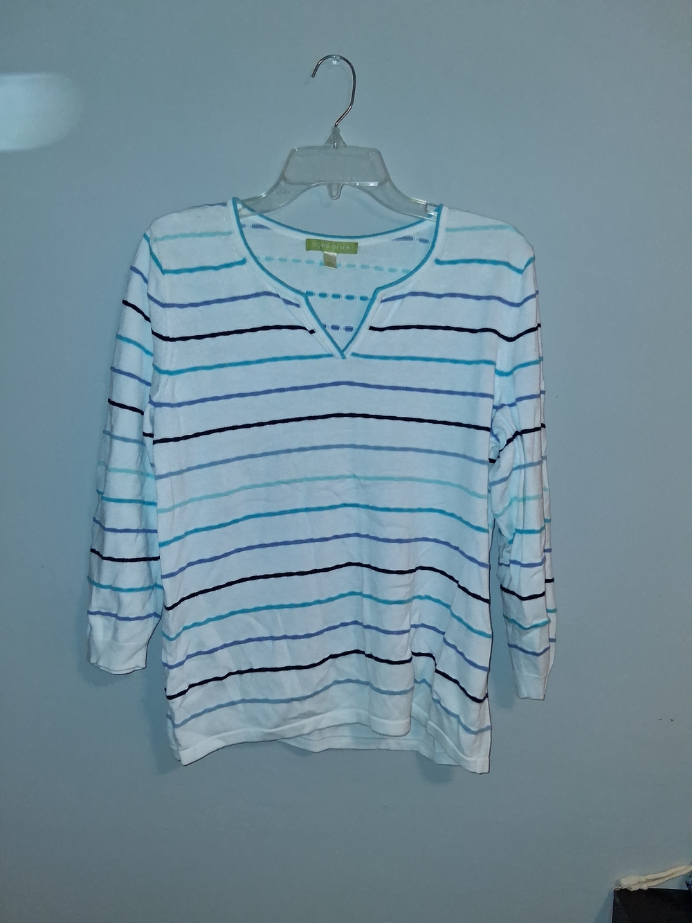 Sigrid Olsen White Long-Sleeve V-Notch Top with Blue Stripes